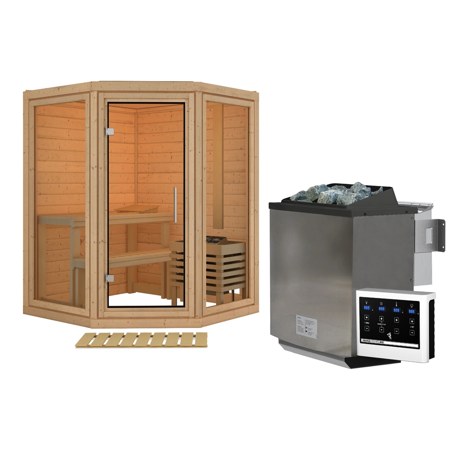 Karibu Sauna Ebba mit Ofen 9 kW Bio Extern Naturbelassen günstig online kaufen