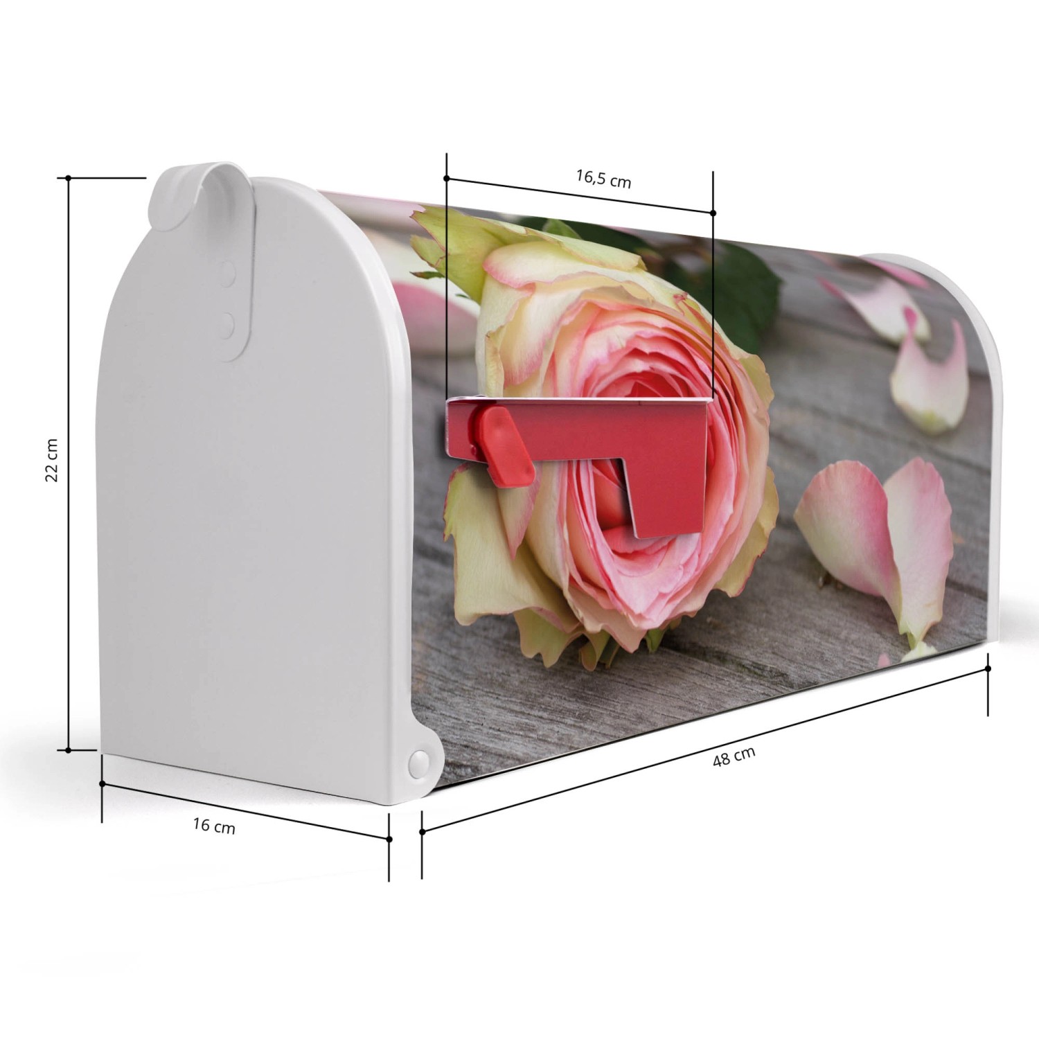 Weißer Banjado US Briefkasten mit Rosen Motiv, 48x22x16cm. Stahl, pulverbeschichtet.