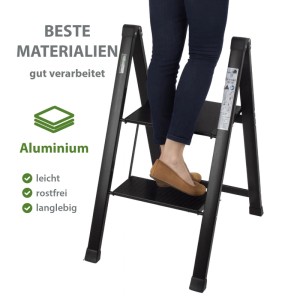 TRUTZHOLM Trittleiter 2 Stufig Klappbar bis 150 kg Alu Anti Rutsch Trittflächen TÜV GS Schwarz