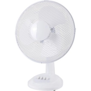 Weißer CMI Tischventilator, Ø 30 cm, mit Schutzgitter und drei Geschwindigkeitsstufen.