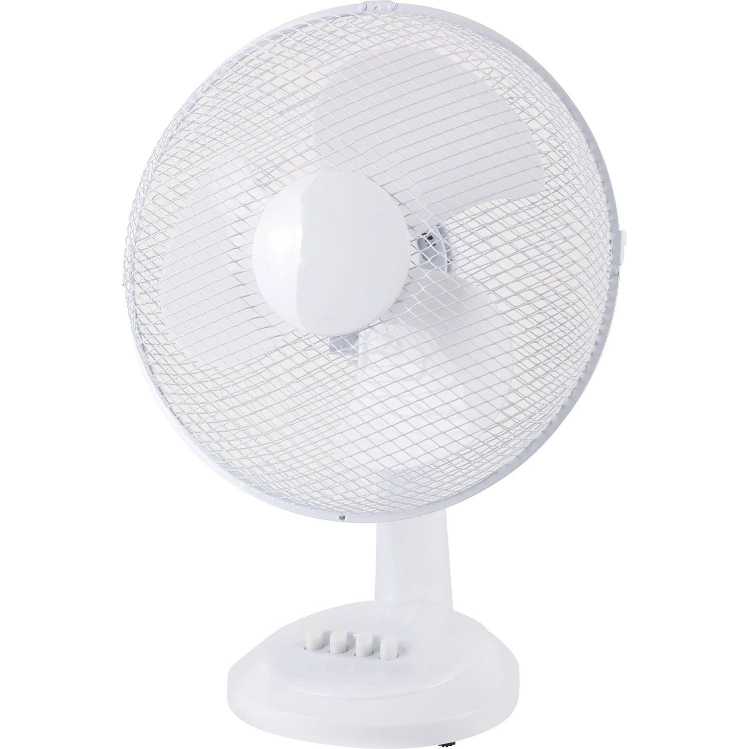 Weißer CMI Tischventilator, Ø 30 cm, mit Schutzgitter und drei Geschwindigkeitsstufen.