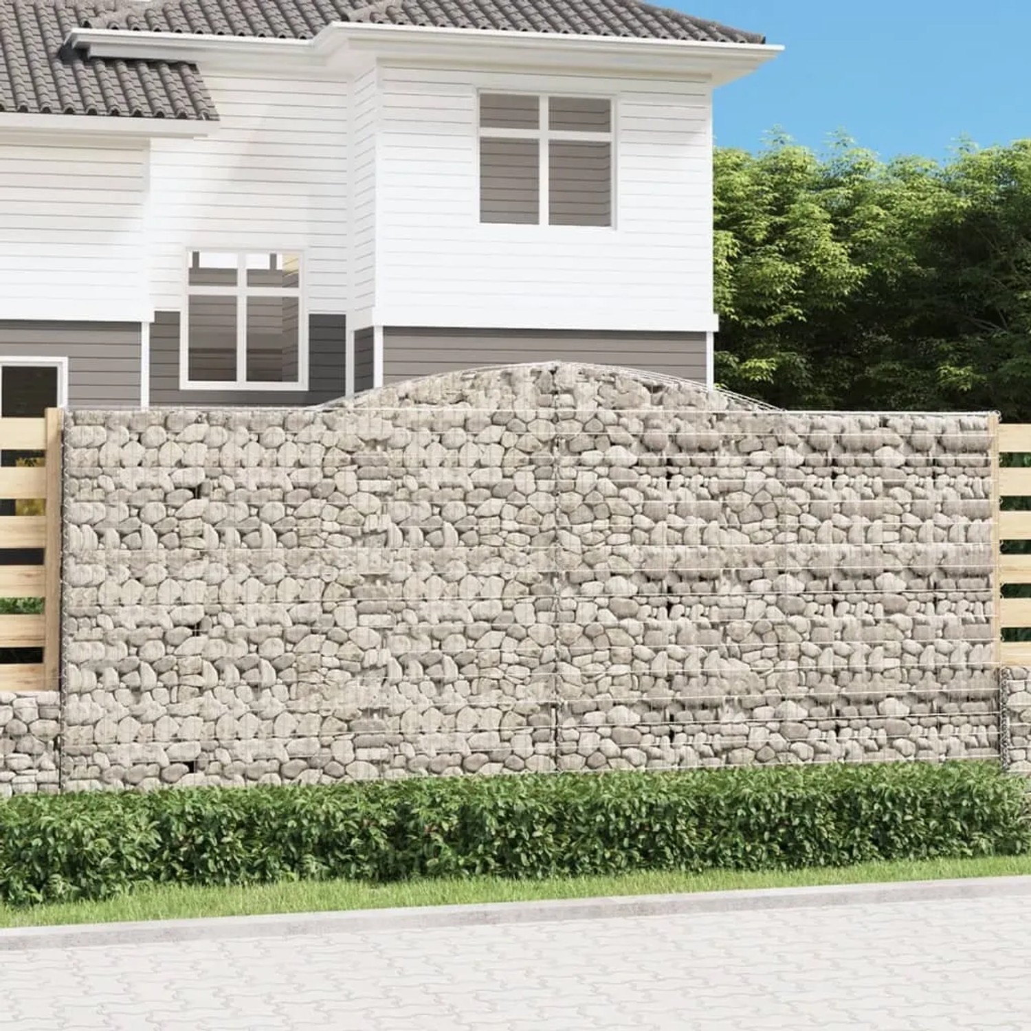 vidaXL Gabione mit Hochbogen, 400x30x200cm, aus verzinktem Eisen, gefüllt mit Steinen als dekorative Gartenmauer.