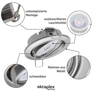 Oktaplex Dijon Einbaustrahler Set, 6er, Edelstahl gebürstet, schwenkbar, mit LED Modul.
