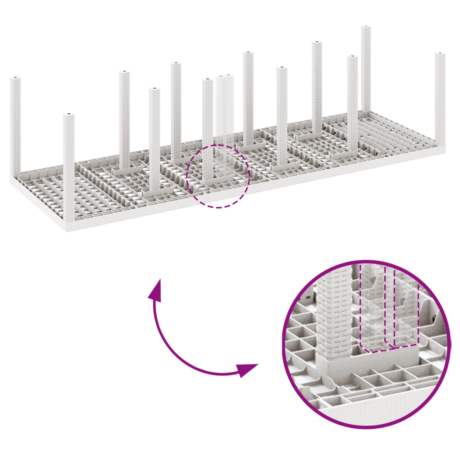 Detailansicht des vidaXL Garten Essgruppen-Tisches (Poly Rattan, Weiß) mit Fokus auf die Konstruktion.