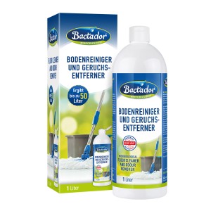 Bactador Bodenreiniger und Geruchsentferner, 1 Liter Flasche und Verpackung.