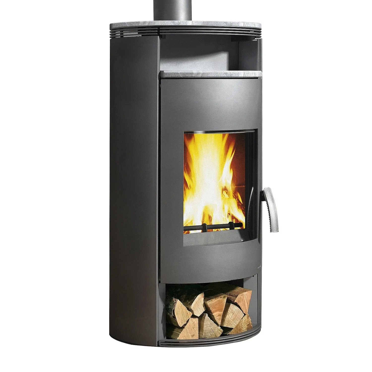 Wamsler Atlas Kaminofen, Stahl grau, 8 kW, mit Holzfach und brennendem Feuer.