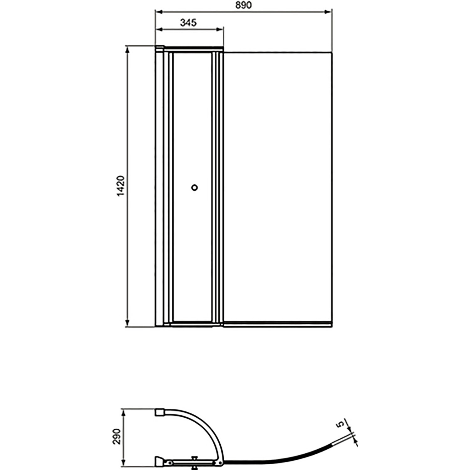 Technische Zeichnung: Ideal Standard Connect Air Duschwand mit Tür, beidseitig verwendbar.
