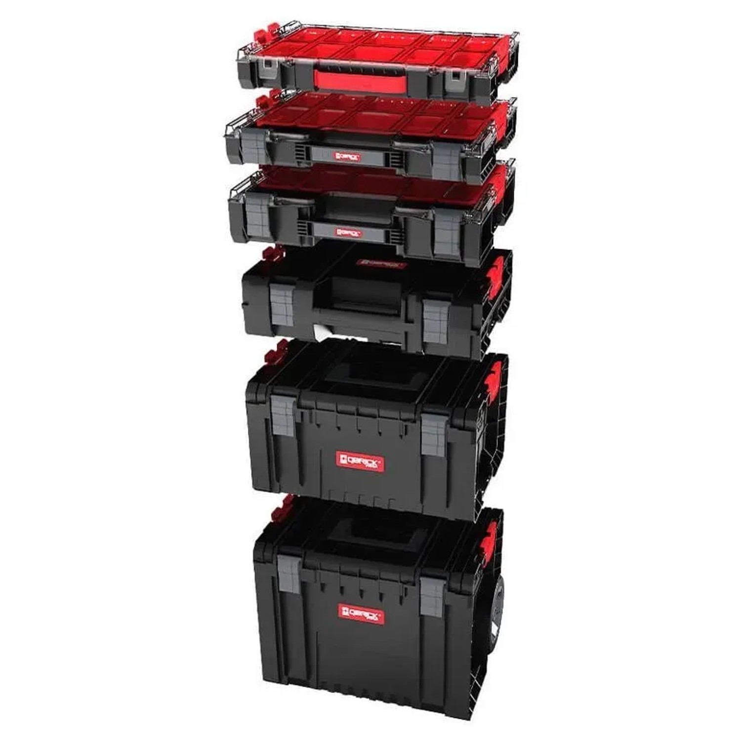 Gestapelter QBRICK Werkzeugtrolley Pro, schwarz, mit verschiedenen Modulen und rotem Zubehör.