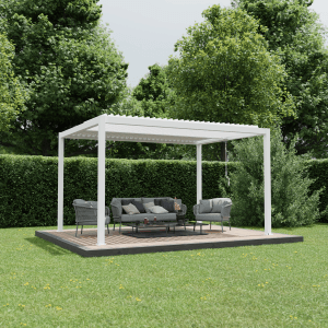 Weiße Ximax Pergola Shade Aluminium 300x400 cm mit Lamellendach und Sitzgruppe im Garten.