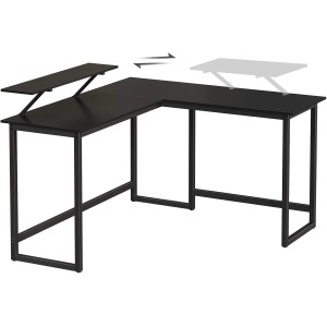 Schwarzer Vasagle L-förmiger Computertisch mit Monitoraufsatz.