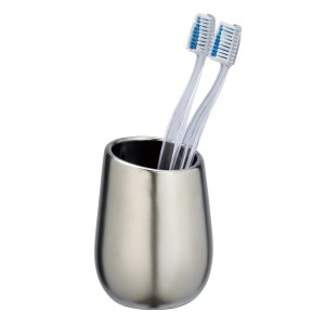 Wenko Zahnputzbecher Badi, silber matt, mit zwei Zahnbürsten. Badaccessoire für Zahnbürsten.