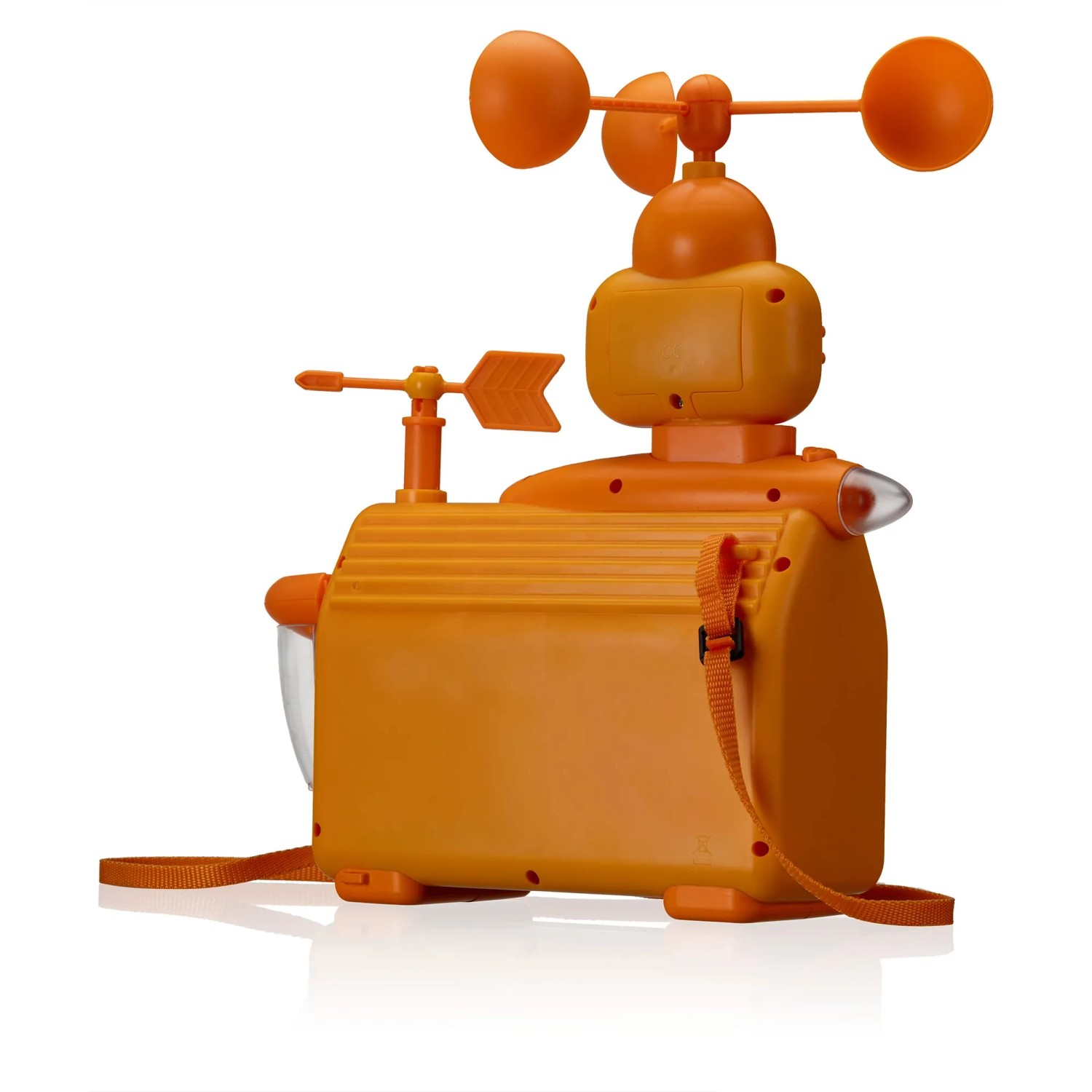 Orangefarbene DieMaus Wetterstation für Kinder mit Windmesser, Windfahne und Tragegurt.