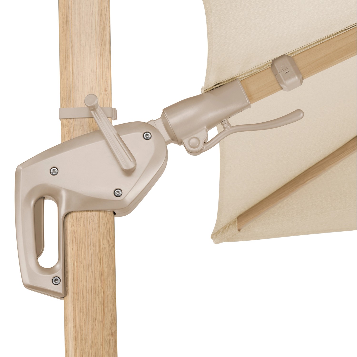 Detailaufnahme: Schneider Rhodos Twist Loft Ampelschirm mit Kurbelmechanik.