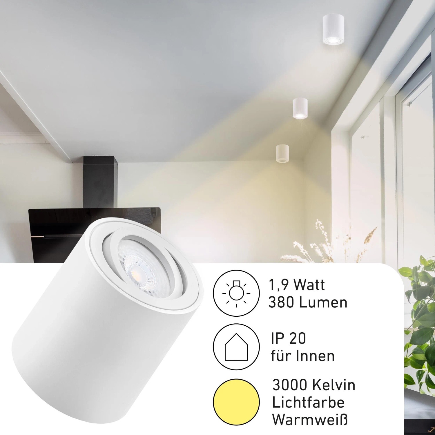 Oktaplex Lile Aufbaustrahler 3er Set, schwenkbar, LED warmweiß, 3000K, weiß. Spots für Innenräume.