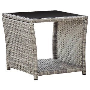 Grauer vidaXL Couchtisch aus Rattan mit Glasplatte, ideal für Garten und Terrasse.