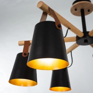Arte Lamp Kronleuchter Thomas, 6-flammig, schwarz-goldene Metallschirme an Holzarmen. Moderne E27 Lampe.