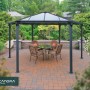 Canopia Gartenpavillon Monaco 3.9 x 4.5 in Anthrazit mit Tisch und Stühlen.