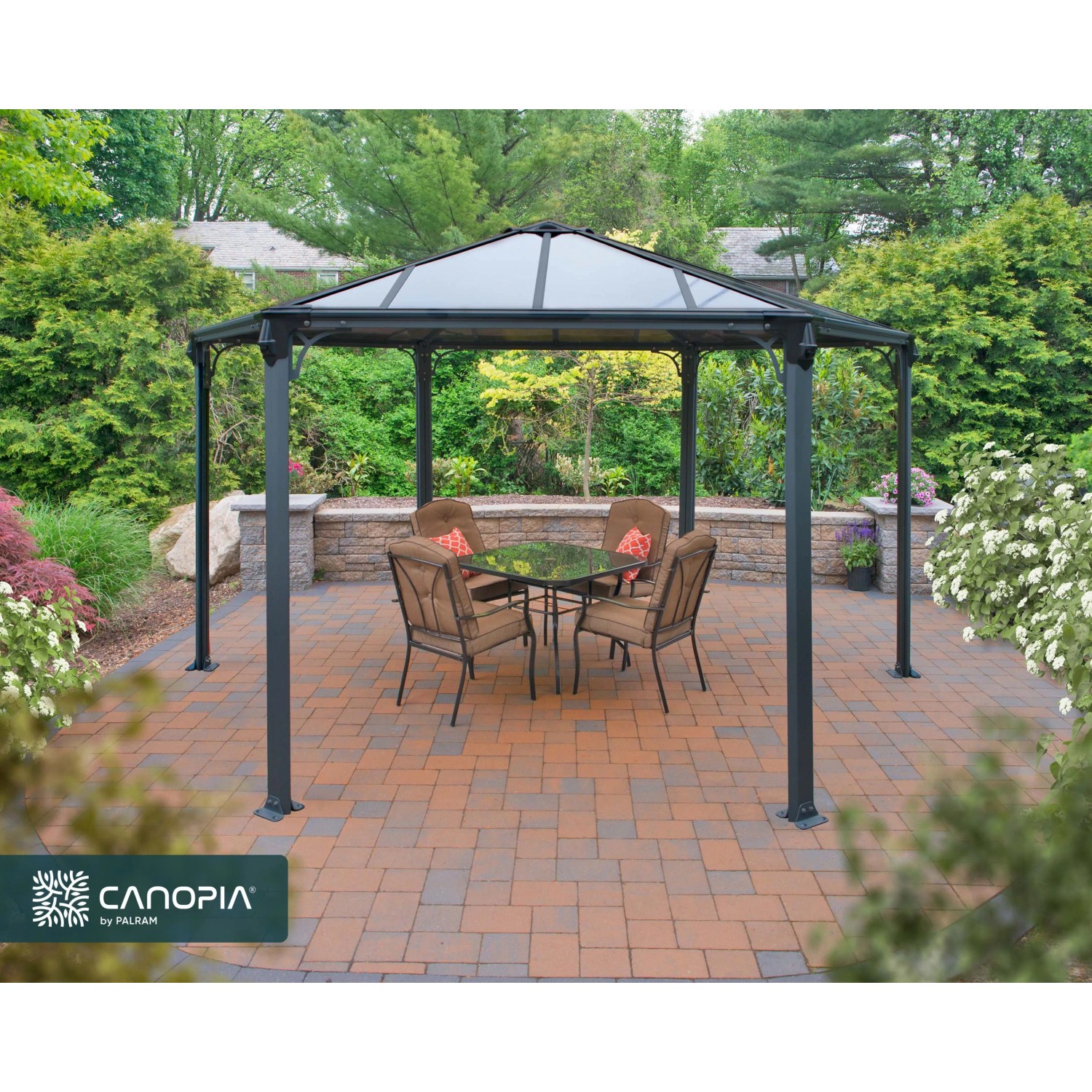 Canopia Gartenpavillon Monaco 3.9 x 4.5 in Anthrazit mit Tisch und Stühlen.