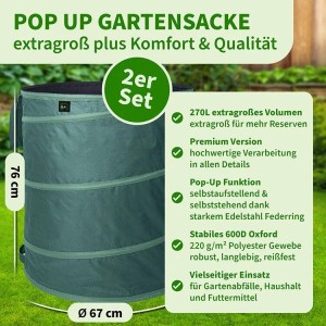 TTL GARDEN Pop Up Laubsack Premium 2x 270L Set Selbstaufstellend mit Griffen – Faltbare Gartensäcke für Laub & Gartenabfälle