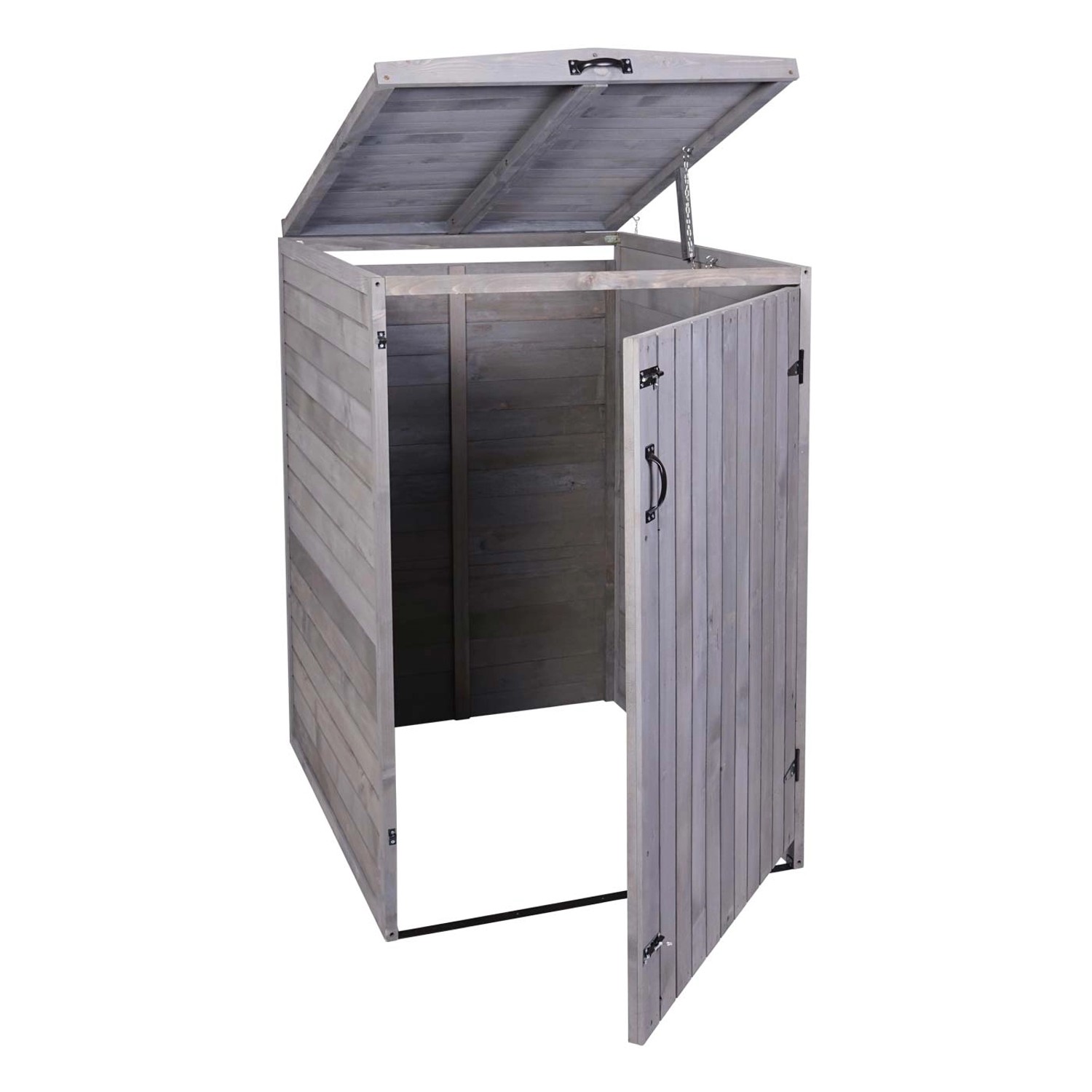 Offene Mülltonnenbox MCW H74 in Anthrazit-Grau, Holzverkleidung für 1-2 Tonnen, Deckel geöffnet.