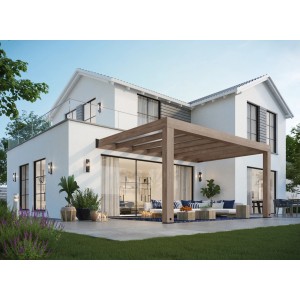 Braune Palram Canopia Terrassenüberdachung Helsinki (470x294cm) am Haus mit Garten.