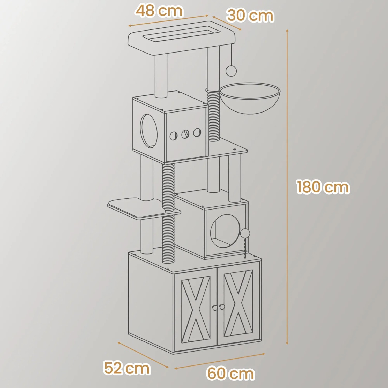 Feandrea Kratzbaum 180 cm mit Katzenklo-Schrank, braun. Katzenmöbel mit Liegeflächen und Kratzsäulen.