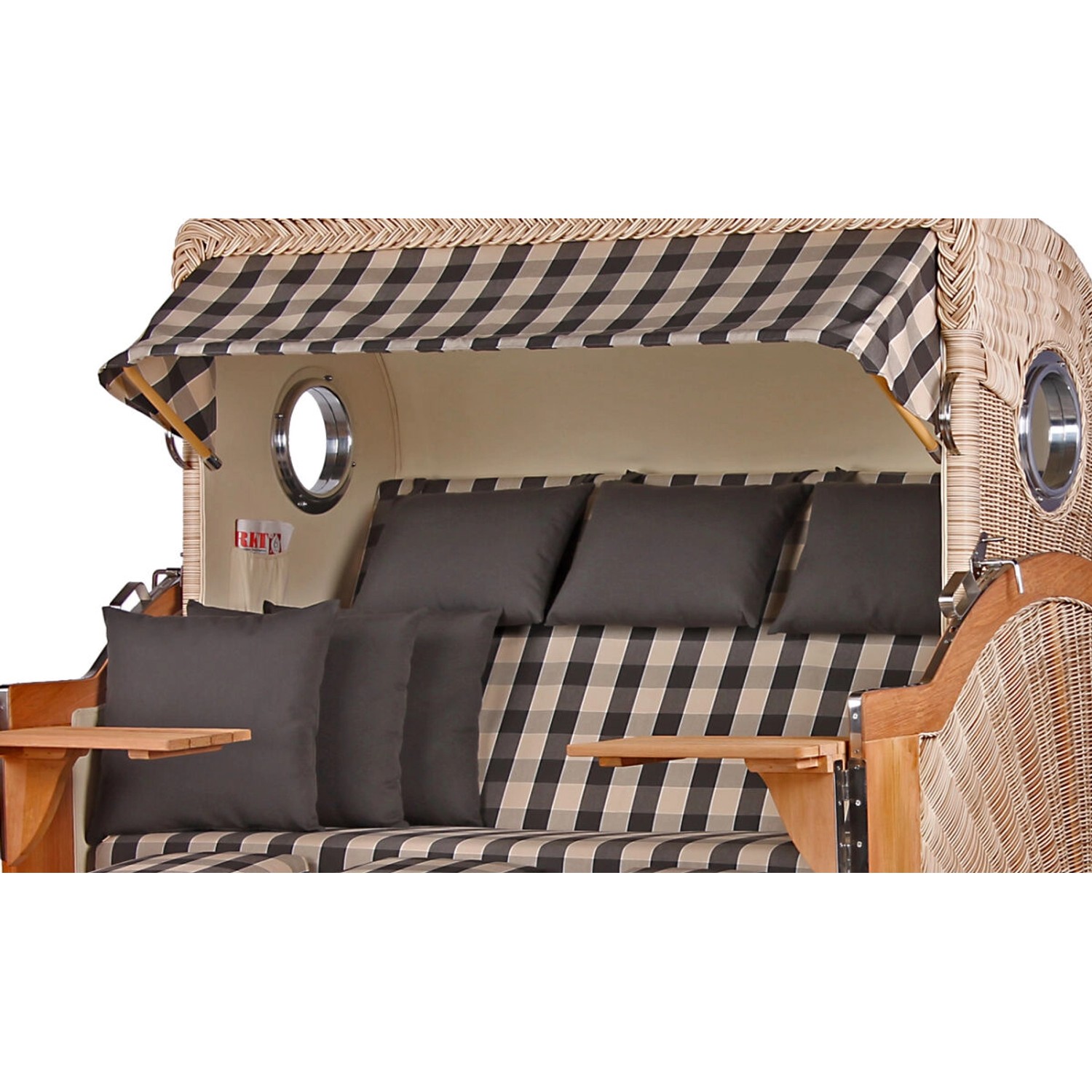 3-Sitzer Strandkorb Königssee aus Teak mit Bullauge, PE Shell Geflecht und kariertem Stoff.