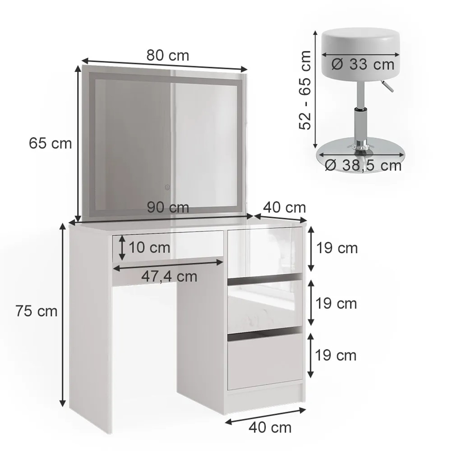 Vicco Schminktisch Sherry, weiß/hochglanz, 90 cm, mit LED-Spiegel und Hocker, Maßeinteilung