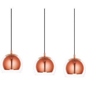 Eglo Rocamar Pendelleuchte in Kupfer mit drei klaren Glaslampenschirmen.
