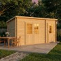 Alpholz Gartenhaus Maria-28 aus Holz, naturbelassen, mit Doppeltür und Anbau.
