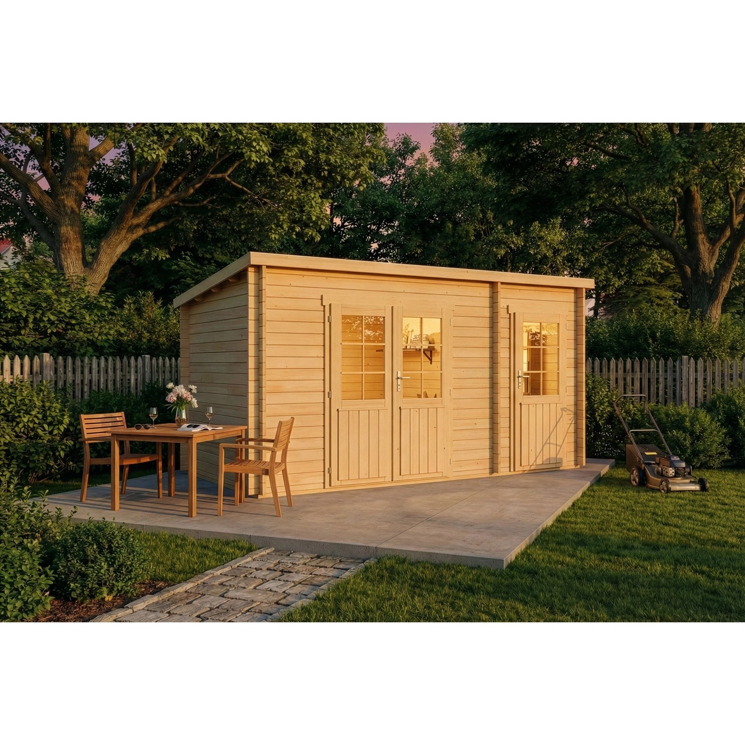 Alpholz Gartenhaus Maria-28 aus Holz, naturbelassen, mit Doppeltür und Anbau.