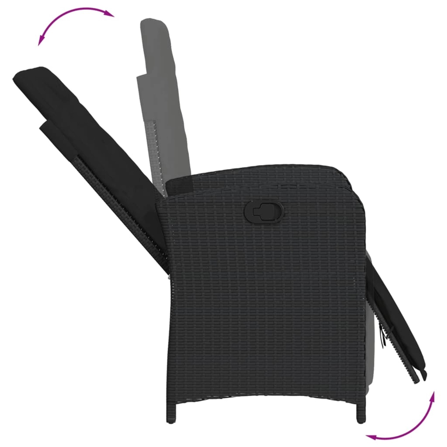 Schwarzer vidaXL Garten-Relaxsessel aus Polyrattan mit verstellbarer Rückenlehne und Fußteil.