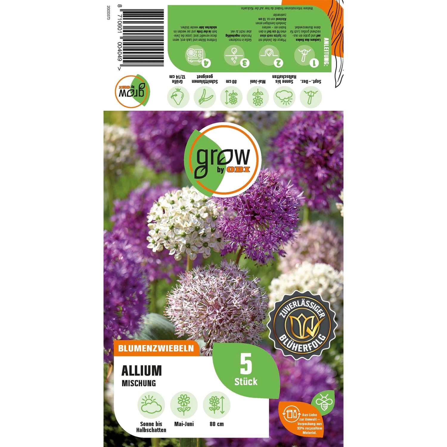 Verpackung GROW by OBI Zierlauch-Mischung, Blumenzwiebeln mit violetten und weißen Blüten.