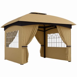 Beiger Outsunny Pavillon aus Metall mit Polyesterdach, 335x335x285 cm, ideal für Garten und Terrasse.