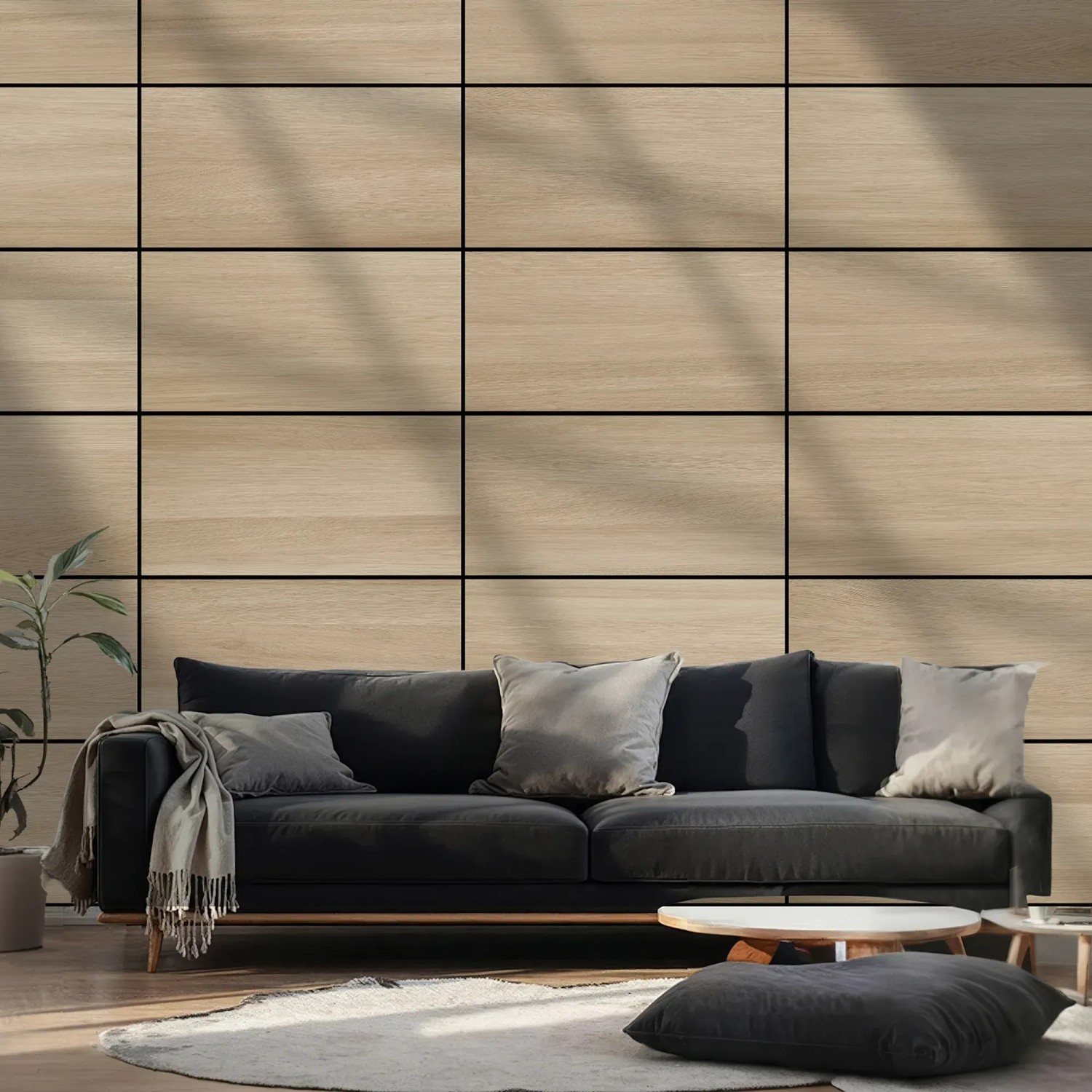 Wandpaneel Amadeo AkustikBoard Eiche Natur, 3er Set, an Wohnzimmerwand hinter Sofa.