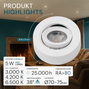 Weißer LUXULA LED Einbauspot, Ø75mm, mit Farbwahl (Warm-Kaltweiß), 5W, 500lm. Flacher Einbaustrahler für Spots.