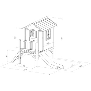 Technische Zeichnung: Axi Lodge XL Spielhaus rot/lindgrün mit Maßen.