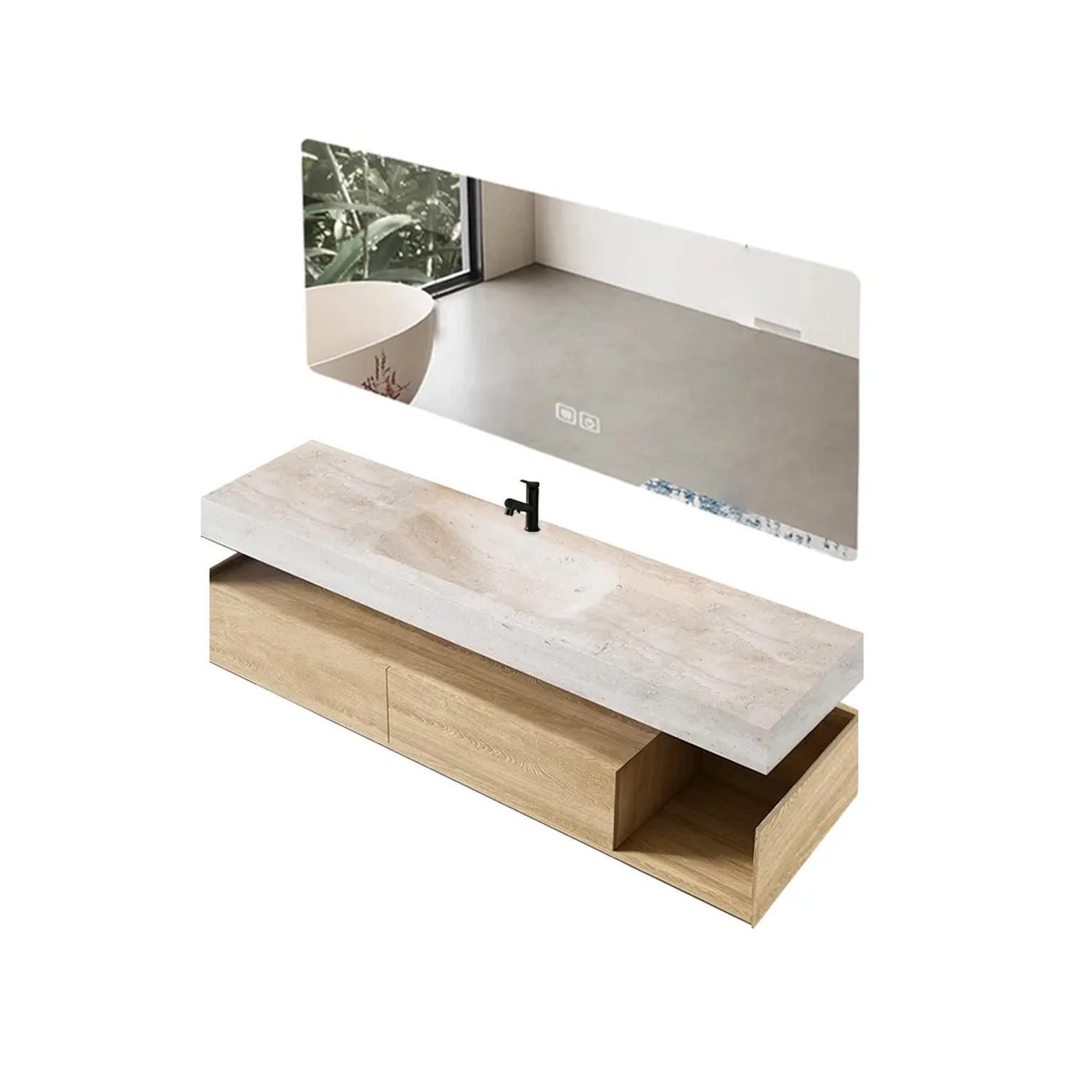 360Home Wandhängendes Badezimmermöbel Set Mit Waschbecken Sinterstein LED Spiegel Schubladenschrank Und Abflussgarnitur 140 CM RWR208140