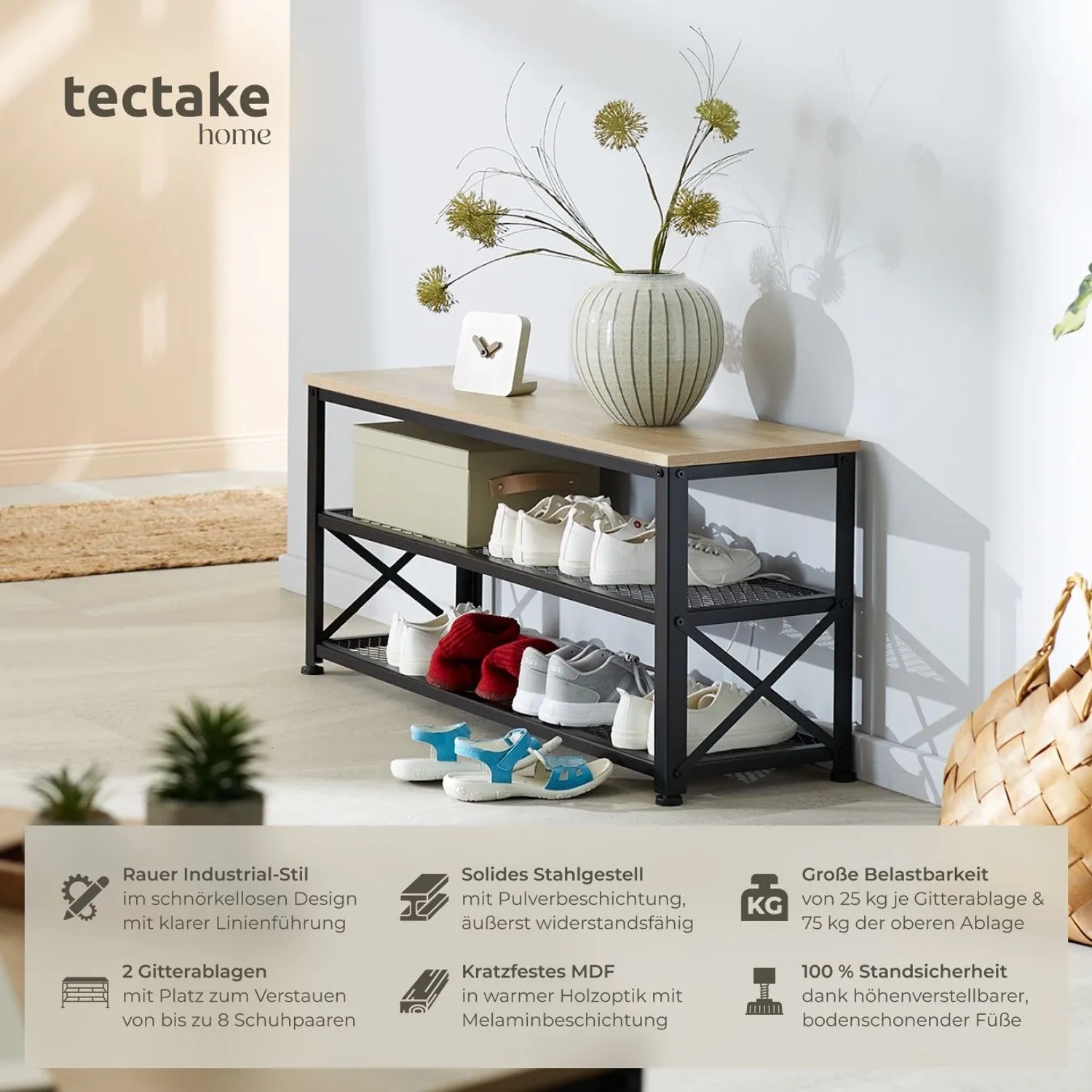 Tectake Schuhregal Blackpool Industrial Style Holz und Stahl 101 x 30 50 x 45 50 cm Industrial Holz Hell Eiche Sonoma_2