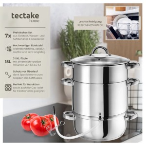 Tectake Dampfentsafter  7 Teilig  Aus Edelstahl Mit Glasdeckel Für Obst und Gemüse  26 x 26 x 41 cm Silber