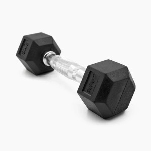 Schwarze Suprfit Hex Gummi-Kurzhantel, 2 kg, mit sechseckigen Enden und gerändeltem Griff für Krafttraining.