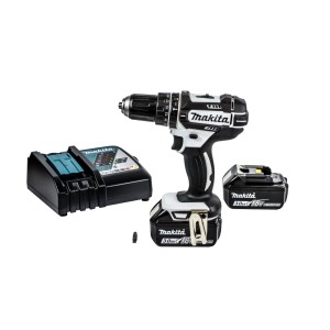 Makita Akku-Schlagbohrschrauber 18V in Schwarz-Weiß. Set mit Ladegerät und zwei Akkus.