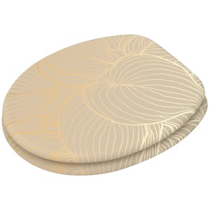 SANILO WC-Sitz Hosta aus Holz, beige mit goldenem Blattmuster, stabiler Toilettendeckel.