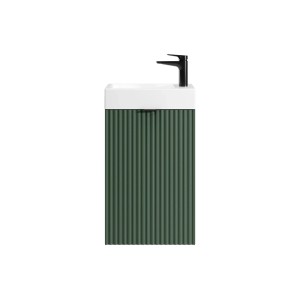 Grüner, gerillter Vahira Handwaschbeckenunterschrank 40 cm. Kompaktes Möbel-Handwaschbecken mit weißem Becken.