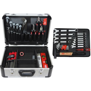 Offener Famex Alu-Werkzeugkoffer 729-88 mit Werkzeugsortiment und separater Werkzeugtafel.