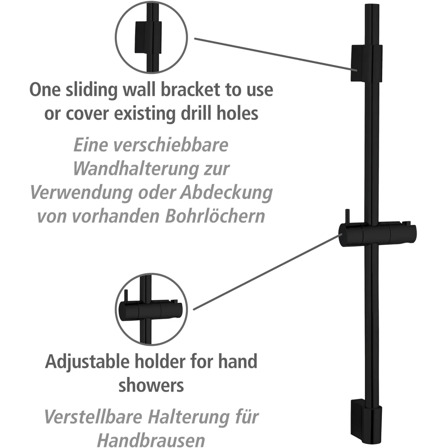 Schwarze Wenko Duschstange Classic, 70 cm, mit verstellbarem Brausehalter und verschiebbarer Wandhalterung.