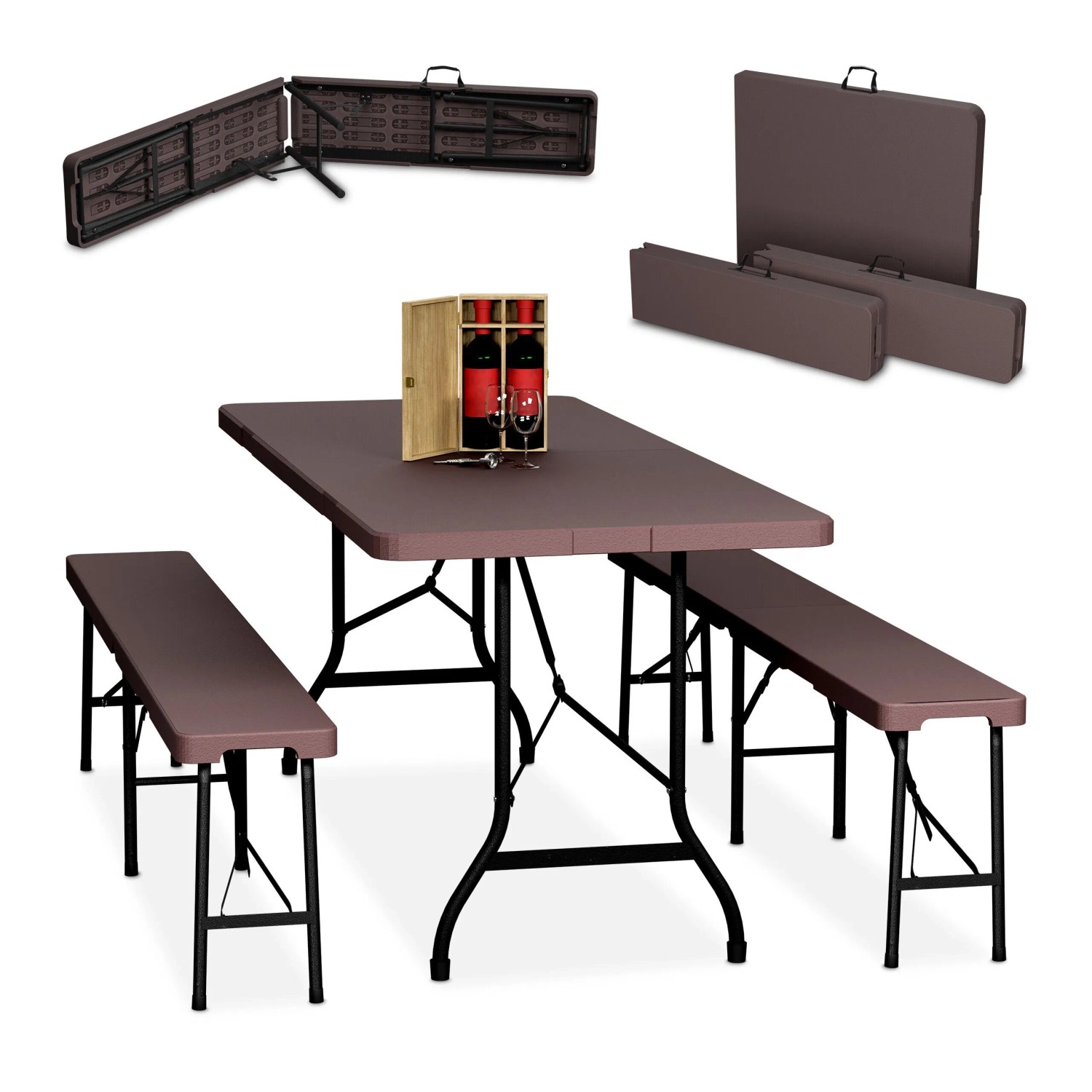Relaxdays Bierzeltgarnitur Kunststoff Stahl Braun Klappbar 3 Tlg. Tisch 73 cm x 180 cm x 74 cm Bank 43 cm x 180 cm x 25 cm