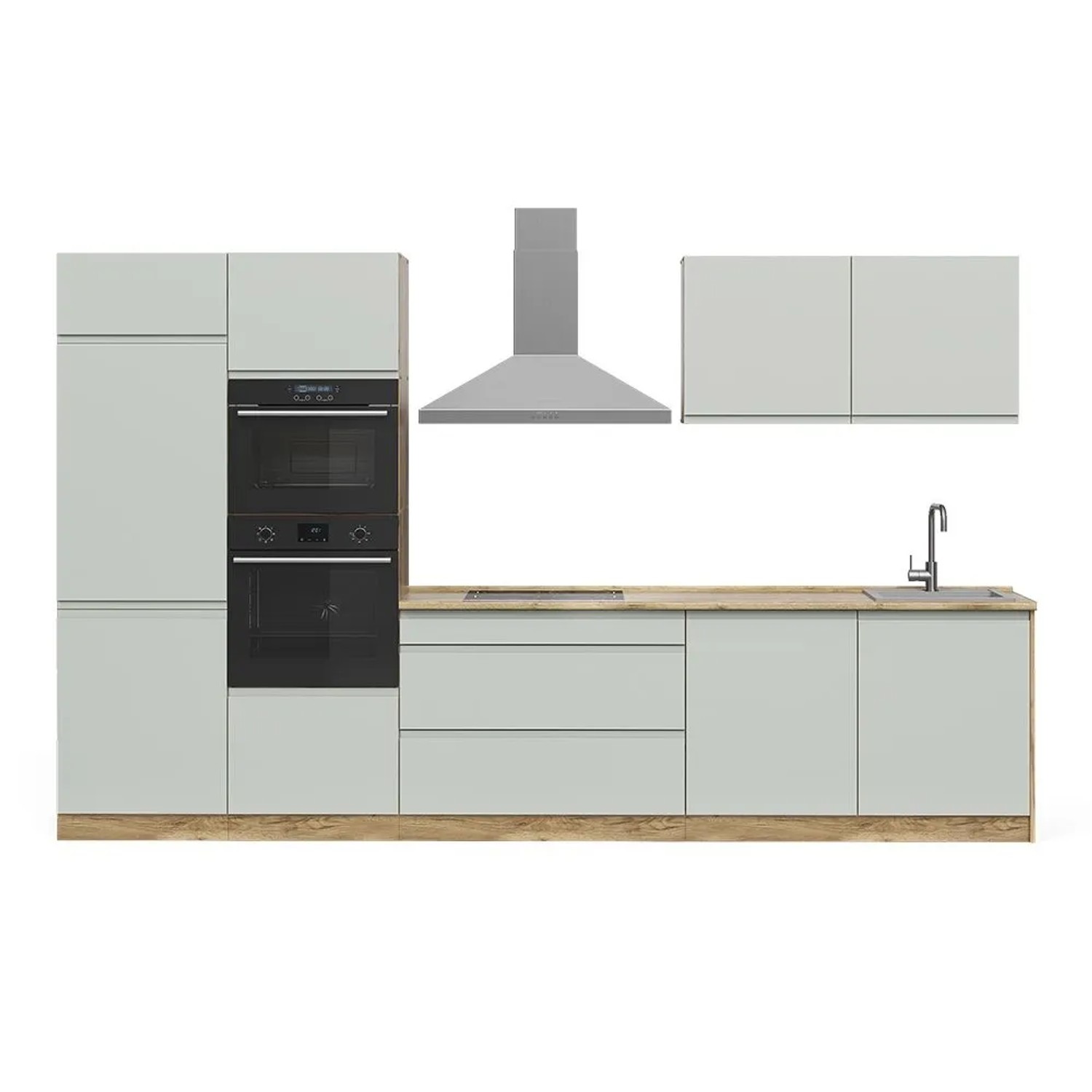 Vicco Küchenzeile R-Line Pastellgrün/Goldkraft Eiche 340 x 207 Arbeitsplatte Weiß Art Nr 70597