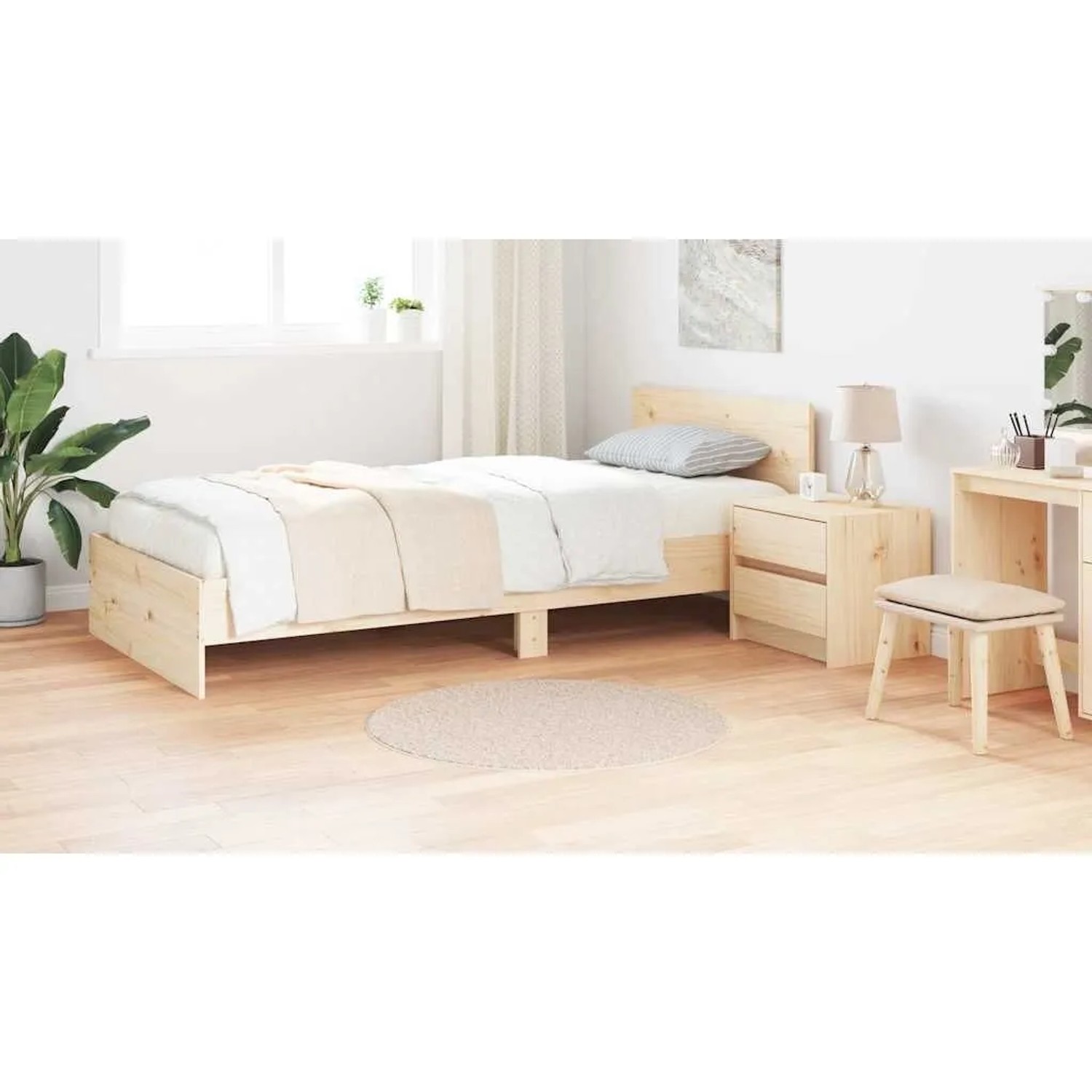 Runder, cremefarbener vidaXL Shaggy Teppich mit hohem Flor auf hellem Holzboden. Hochflorteppich.