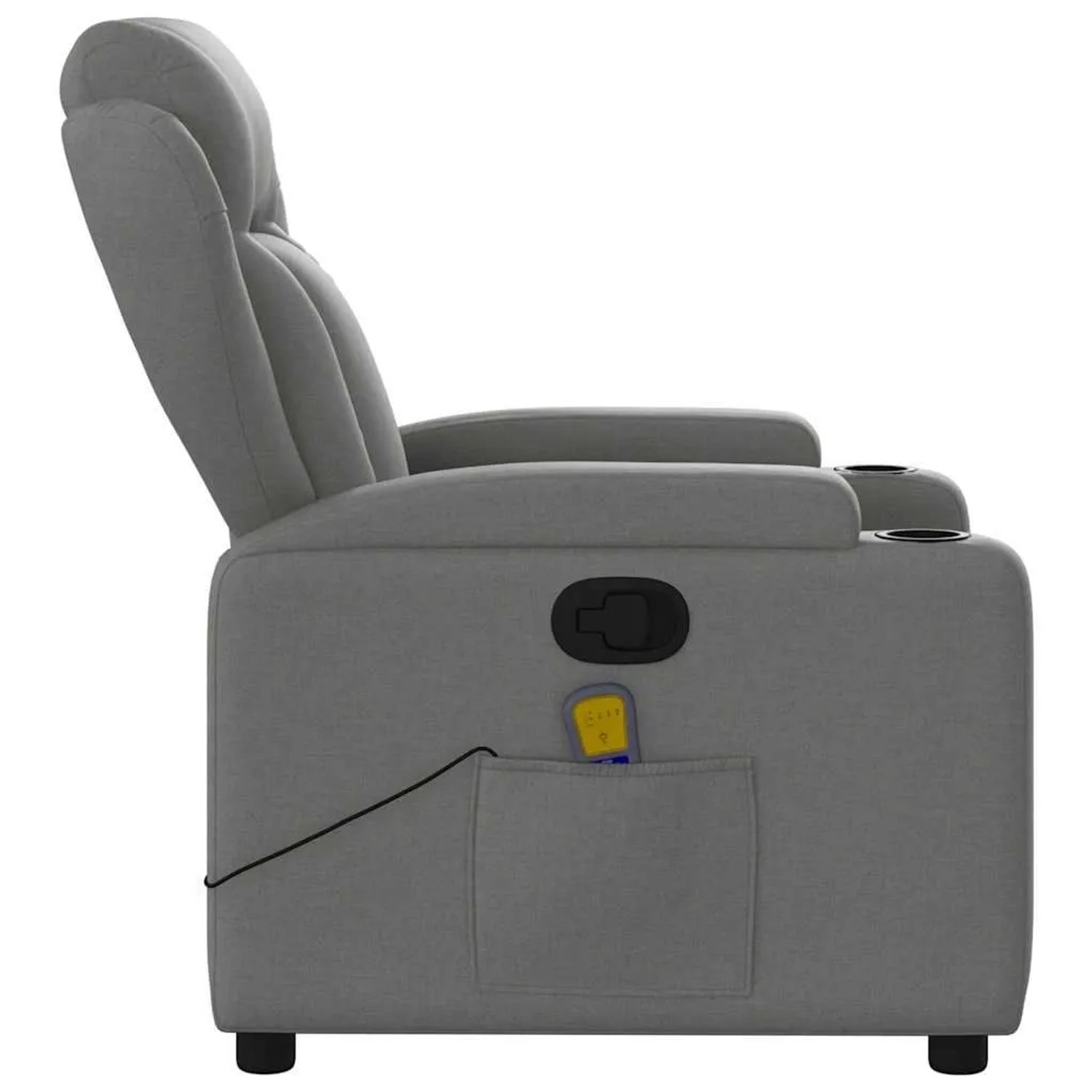 Dunkelgrauer Relaxsessel mit Massagefunktion, Getränkehalter und Seitentasche.
